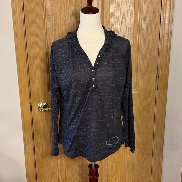 Harley Davidson Dark Gray Hooded Henley With Lace Accents Large - Picture 1 of 8